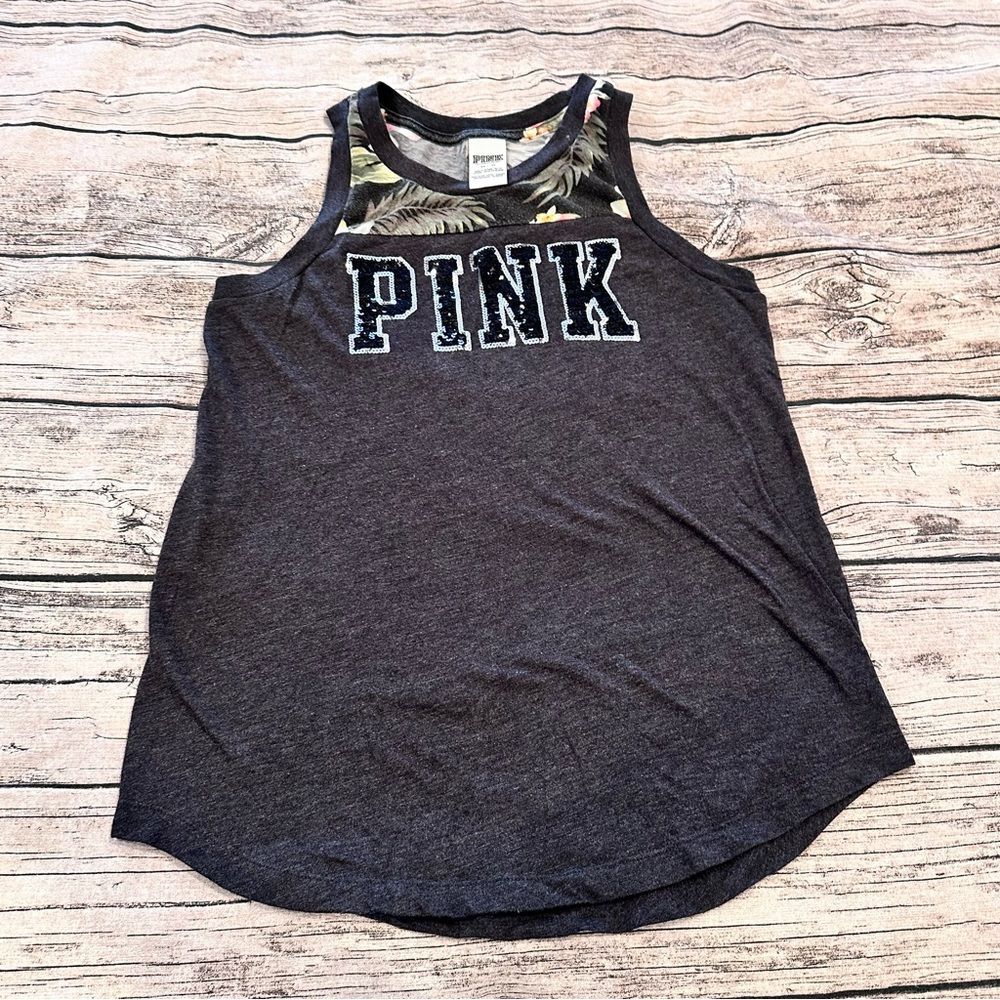 Victoriaโs Secret Pink Sequined Graphic Tank Top in Charcoal Oversized XS